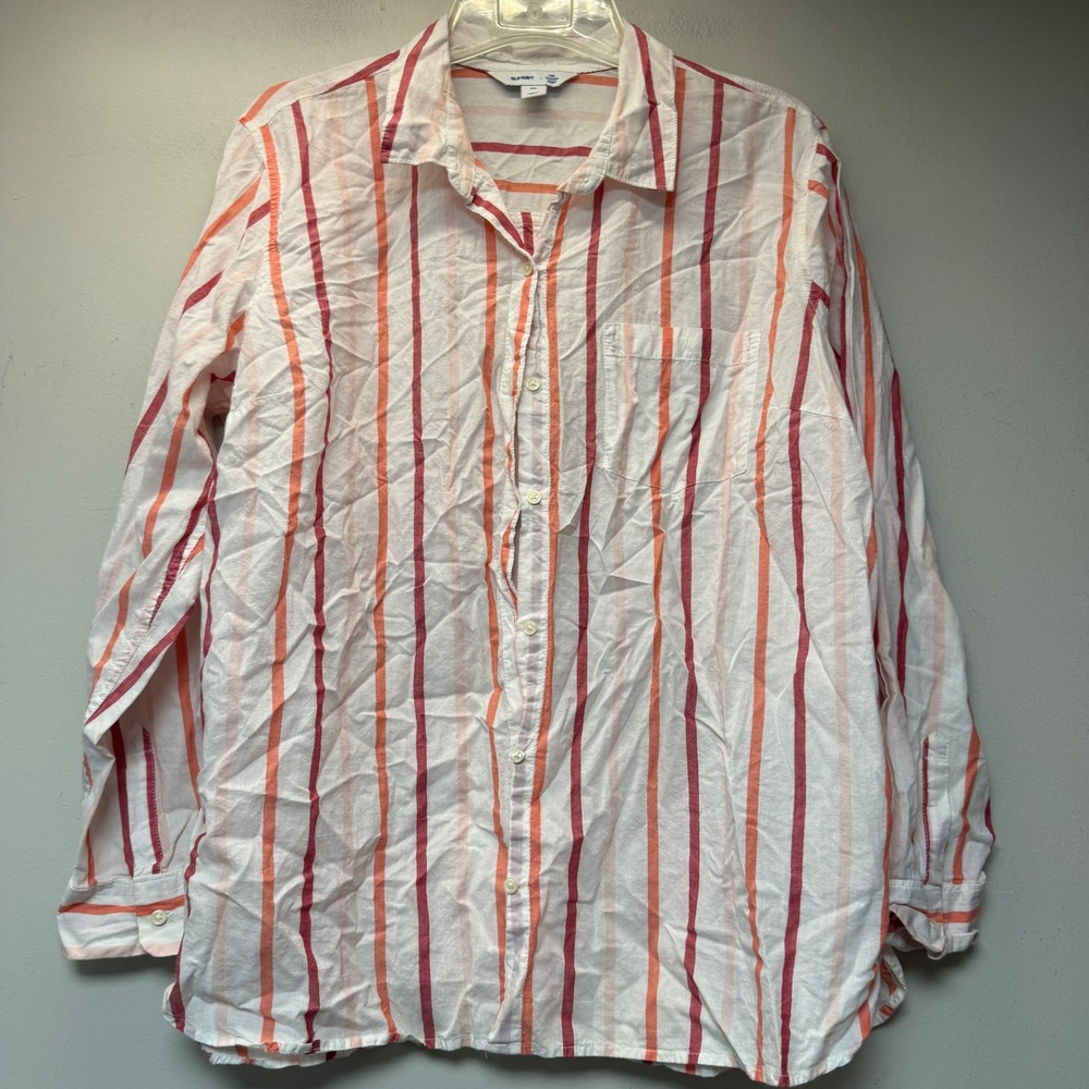 Old Navy The Classic Shirt Women XXL White Orange Pink Striped Excellent Cotton